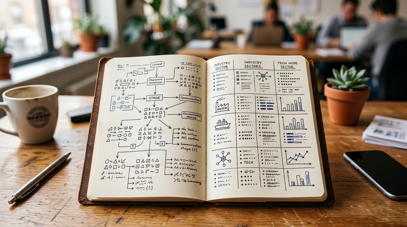 A notebook open on a desk showing handwritten buyer communication patterns organized by industry sector