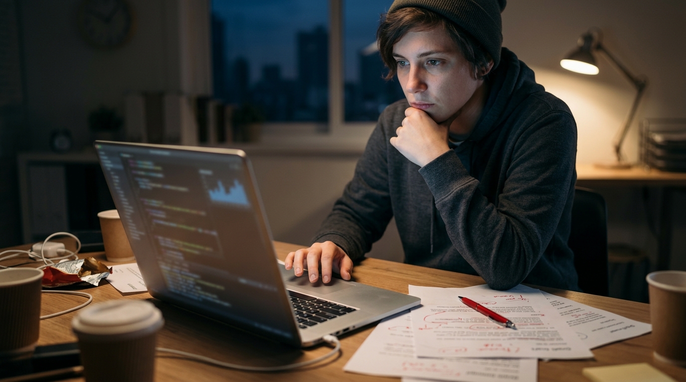 A developer staring at a laptop screen late at night, surrounded by printed email drafts with red pen markings