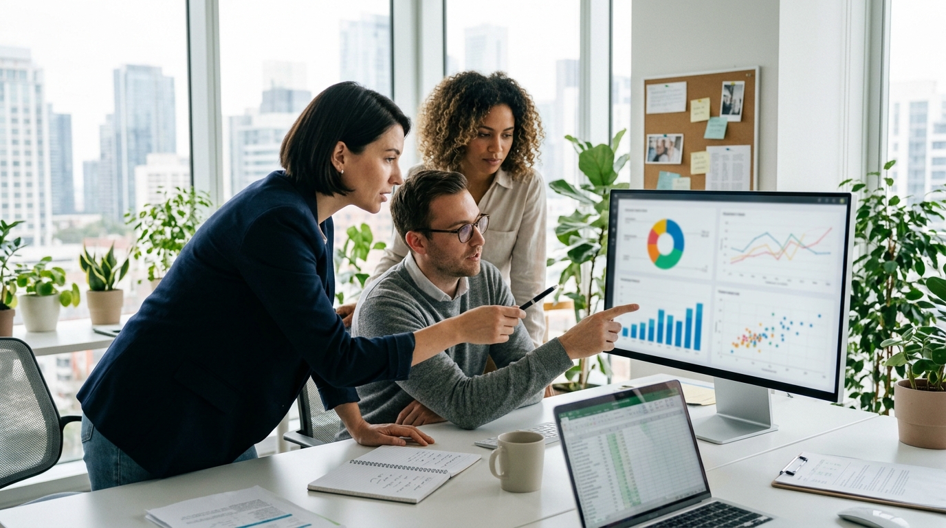A small export team in a bright office reviewing a dashboard showing buyer response metrics on a monitor