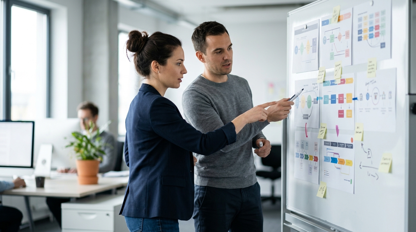 Two team members reviewing printed buyer journey maps pinned to a whiteboard, pointing at different stages