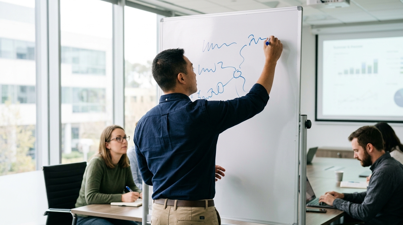 A team member writing on a whiteboard the phrase "context first, technology second" during a retrospective session