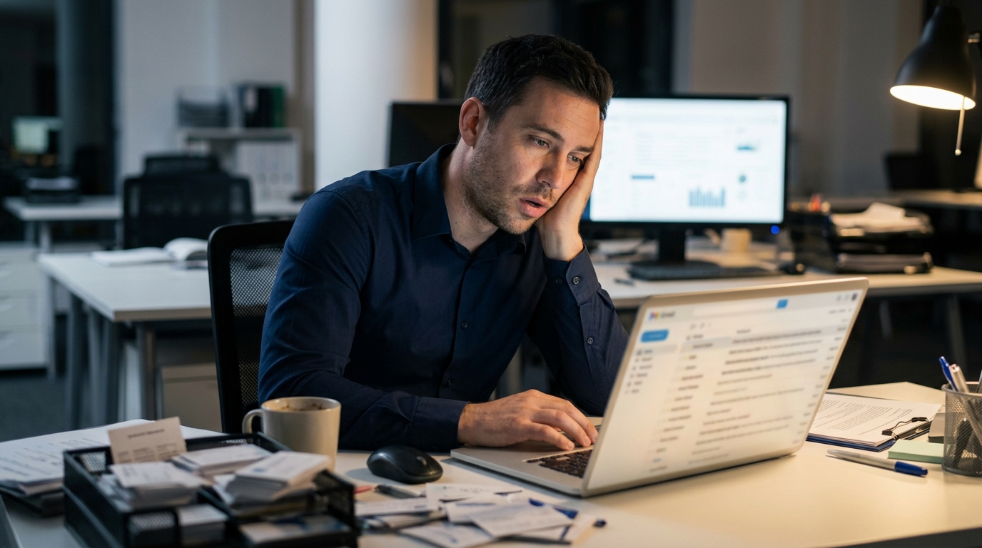A tired B2B sales professional staring at a laptop screen filled with unanswered email threads, desk cluttered with business cards