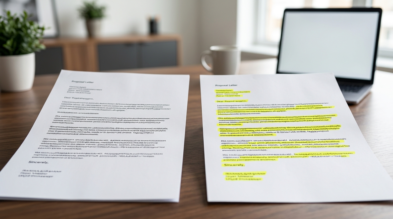 Side-by-side view of two printed proposal letters on a desk, one generic and one personalized with highlighted sentences