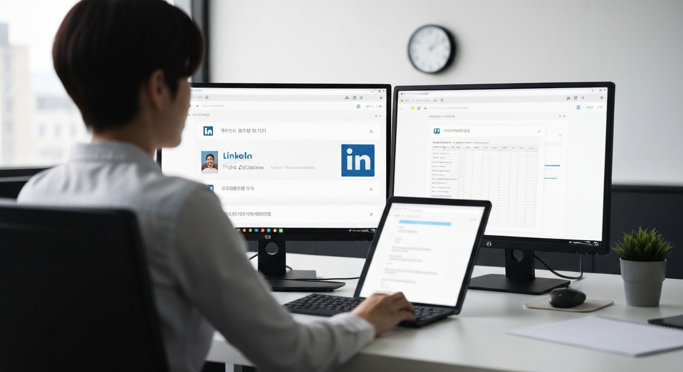 A person working at two monitors with spreadsheets, browser tabs showing LinkedIn and trade databases, clock visible on wall