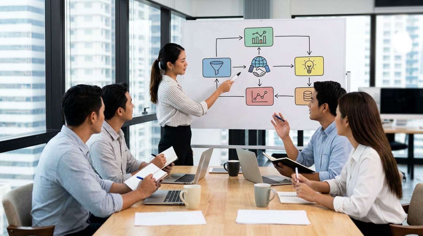 A small export team having a focused discussion around a table with a whiteboard showing a structured outreach workflow