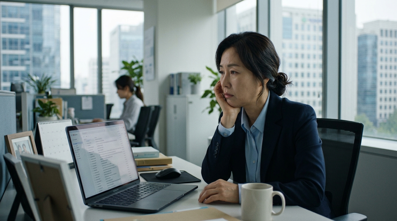 수출 담당자가 노트북 앞에서 바이어 이메일 목록을 멍하니 바라보는 사무실 장면