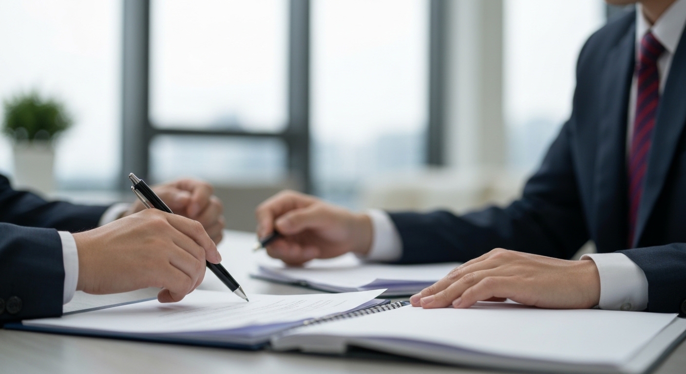 베트남 사무실에서 직원이 상사에게 보고서를 전달하는 장면