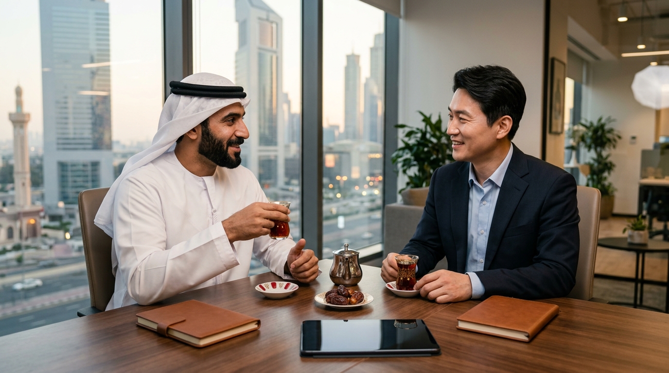 중동 비즈니스 미팅 테이블에서 두 사람이 차를 마시며 대화하는 장면