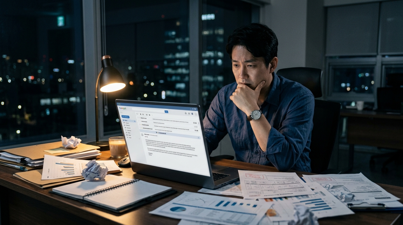 A Korean export manager staring at an unanswered email on a laptop screen late at night, with shipping documents scattered on the desk