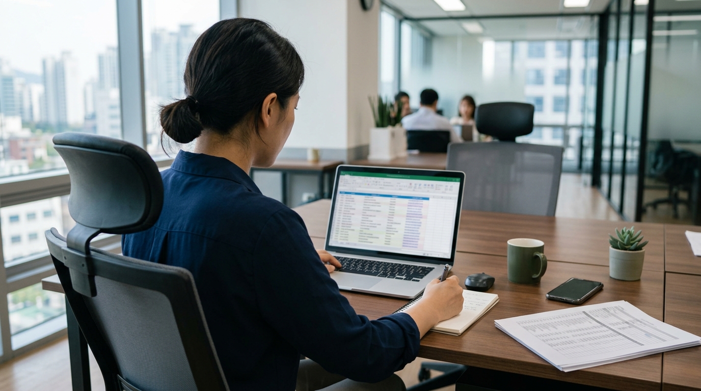 사무실 책상에서 노트북을 보며 해외 바이어 리스트를 검토하는 수출 담당자의 뒷모습