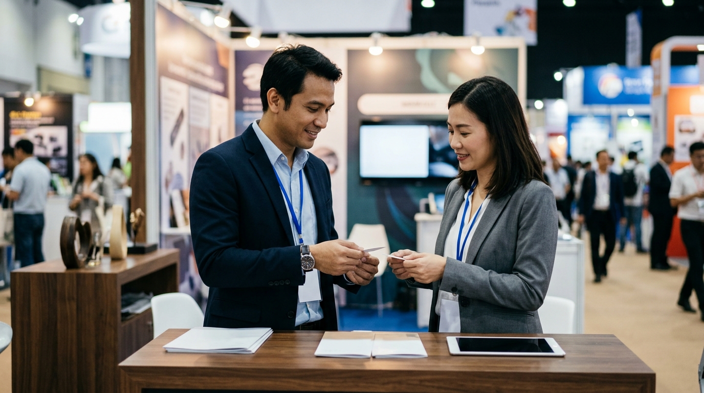 무역박람회 부스에서 조용히 명함을 교환하는 구매 담당자