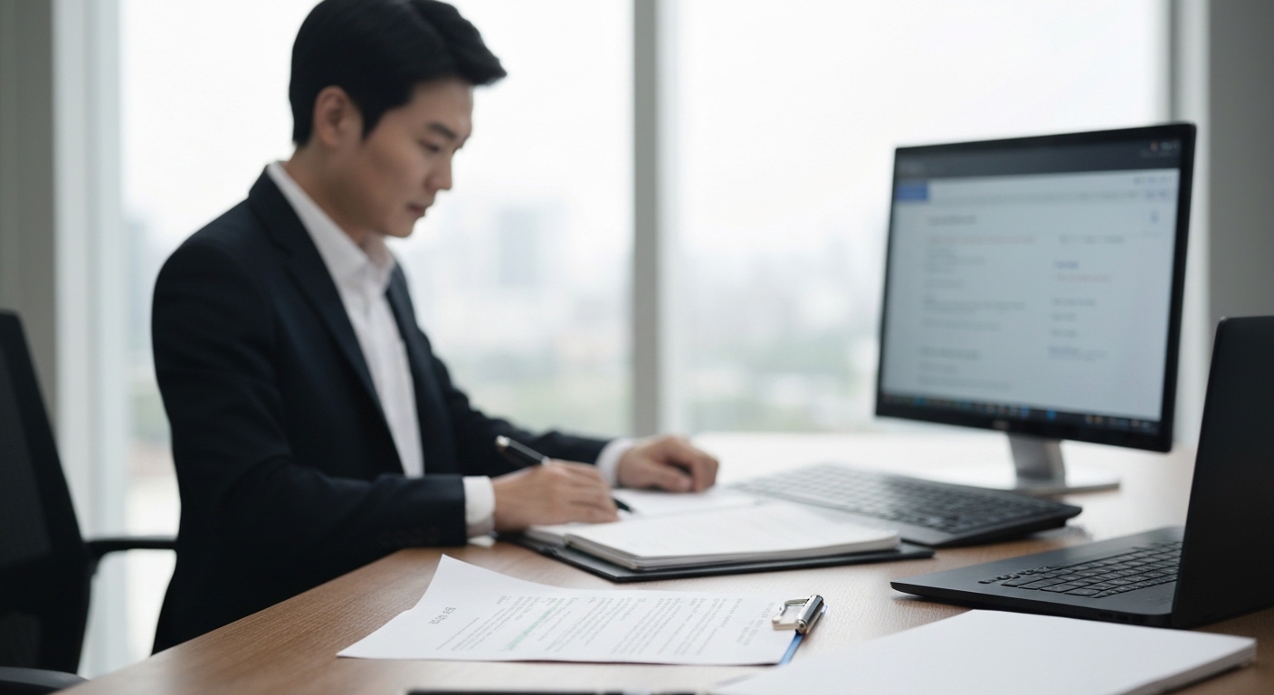 이메일 화면을 바라보며 조용히 생각에 잠긴 해외영업 담당자의 책상 풍경