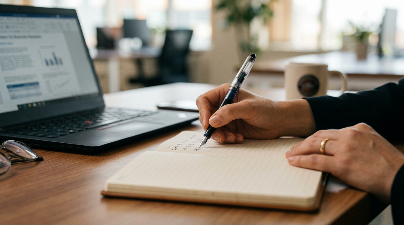 책상 위 노트에 바이어 이름과 날짜를 적고 있는 손