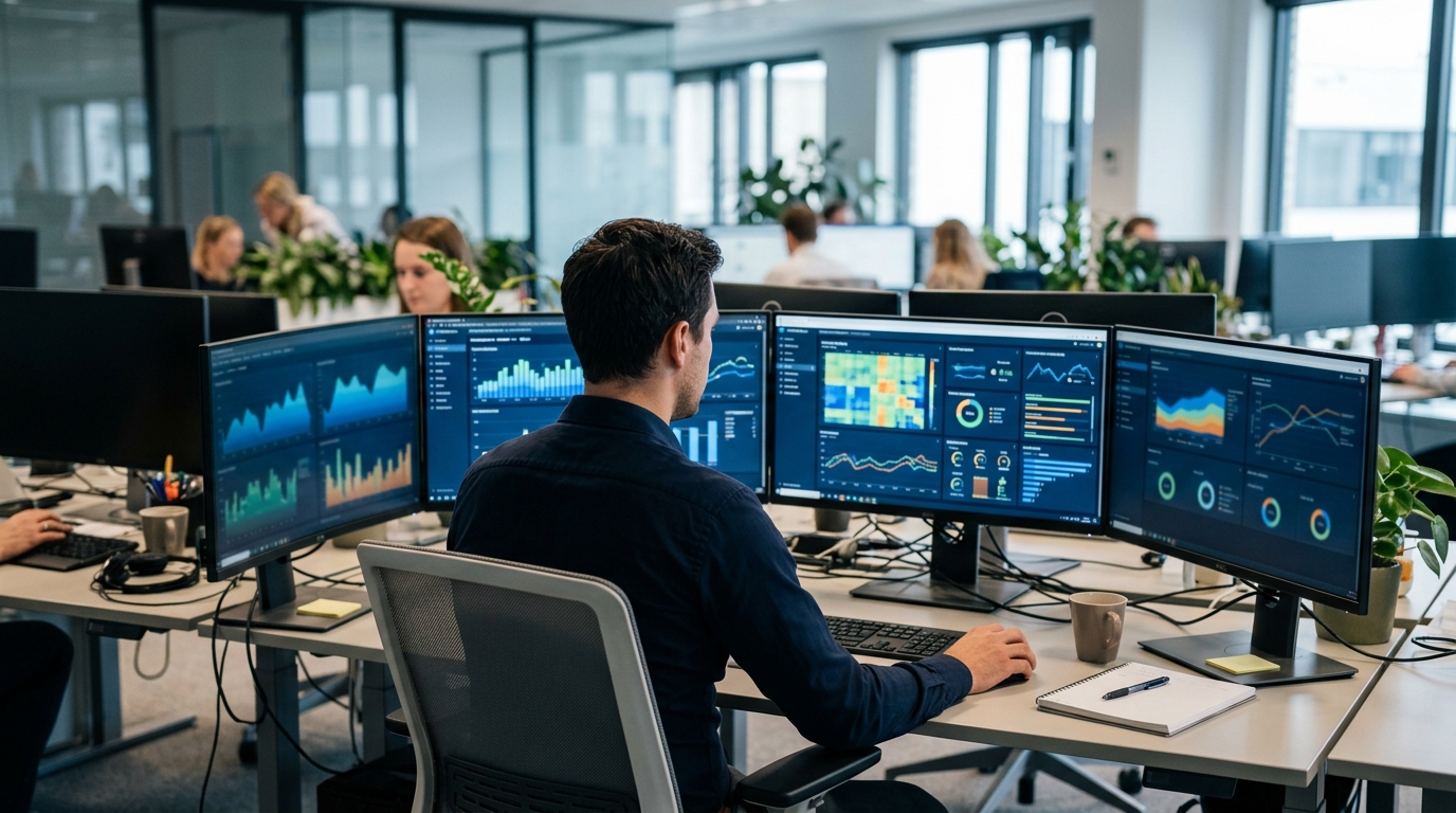 모니터 여러 개를 놓고 데이터 대시보드를 확인하는 팀원의 뒷모습