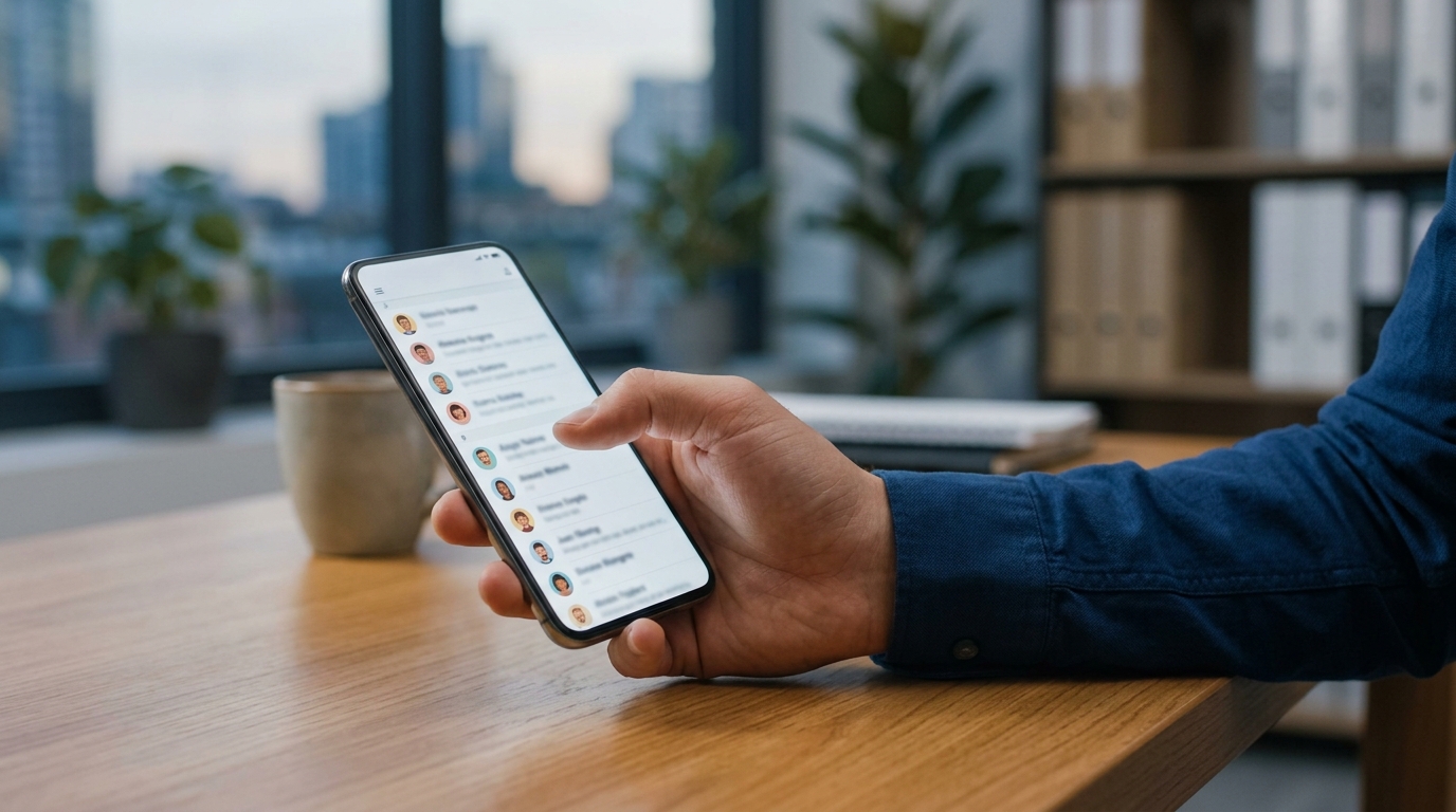 스마트폰으로 바이어 연락처 목록을 조용히 스크롤하는 사람의 손