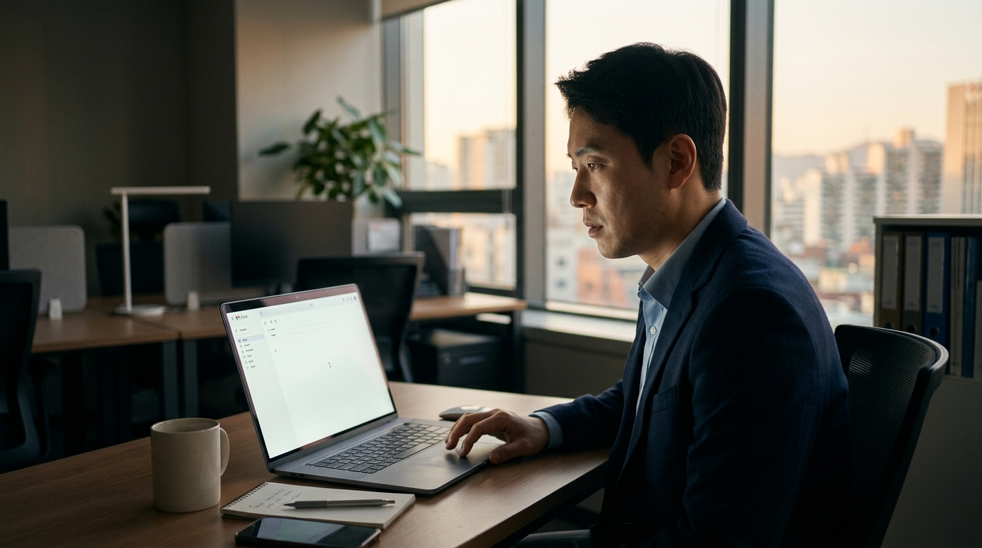 A Korean export manager staring at an unanswered email on a laptop screen, quiet office, late afternoon light