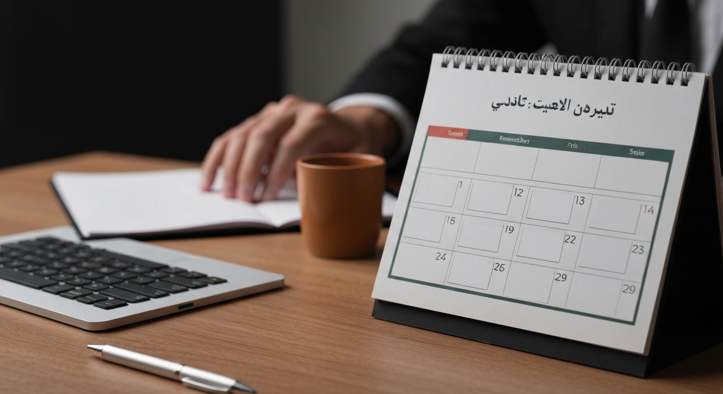 A calendar page showing Ramadan month with several empty follow-up slots, desk setting