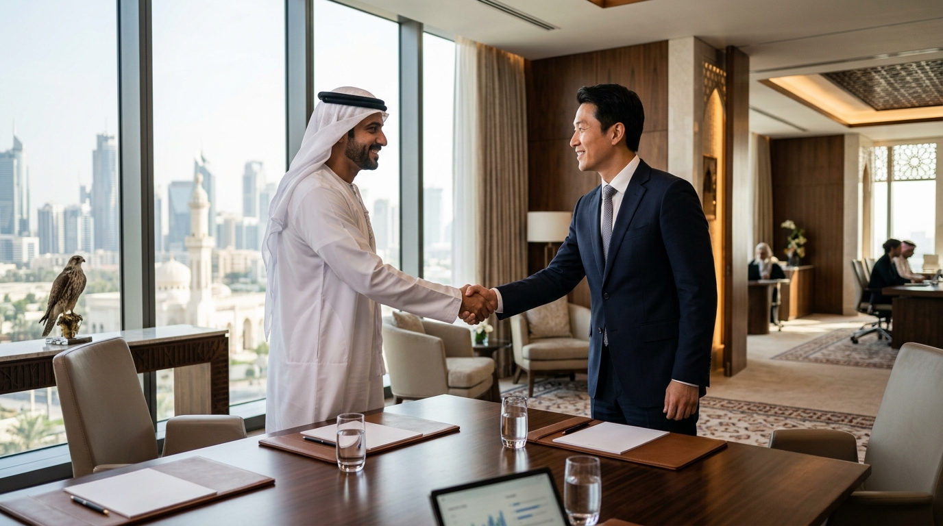 Two businessmen shaking hands at a conference table, Gulf-style office interior, natural light