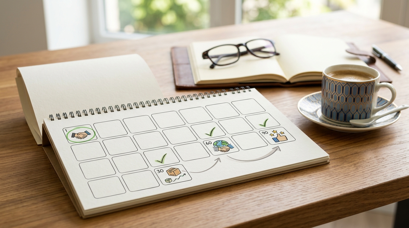 A desk calendar marked with Day 1, Day 30, Day 60, Day 90 milestones, coffee cup beside it