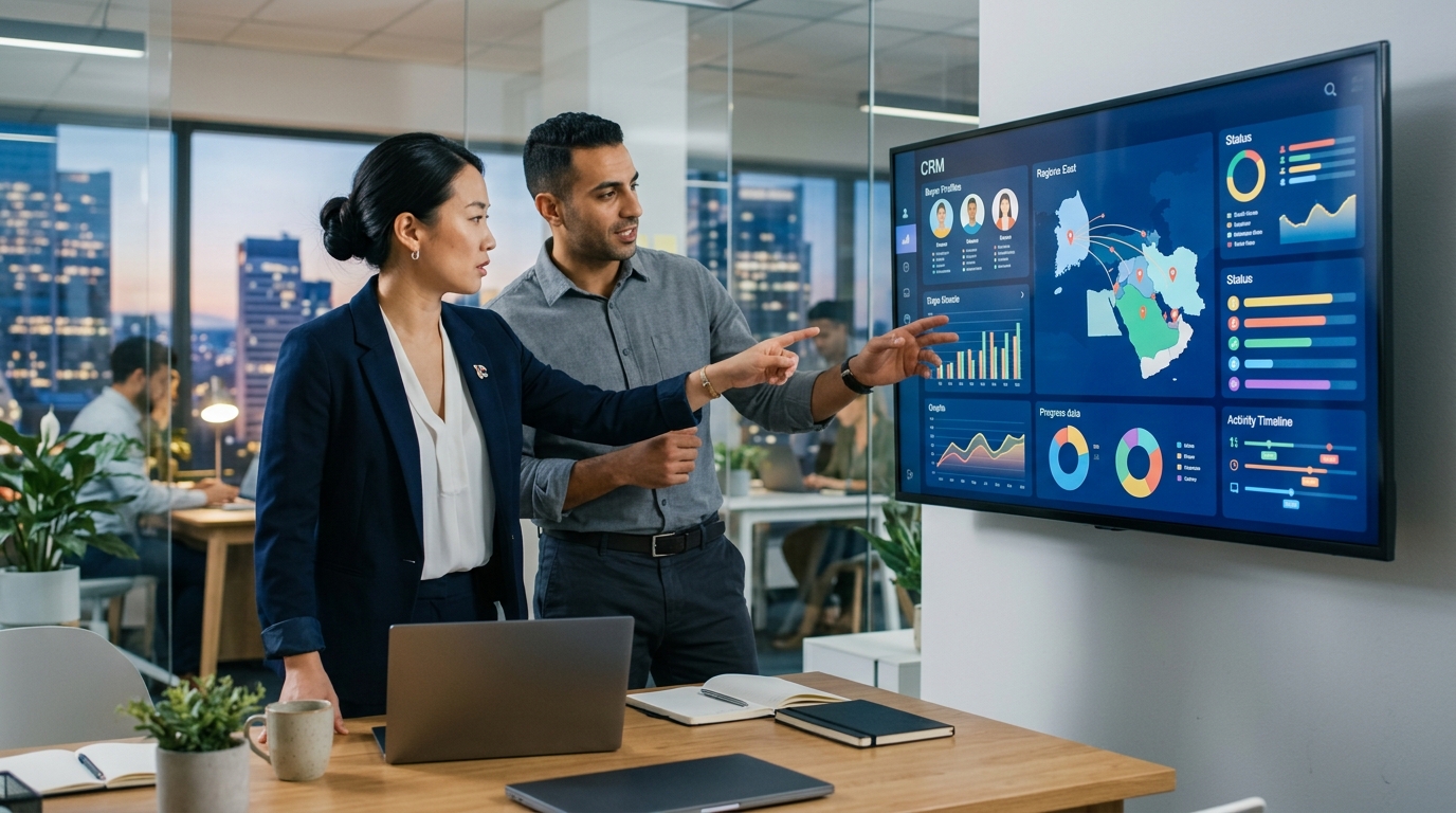 A small team of two people reviewing a CRM dashboard with Middle East buyer profiles on screen