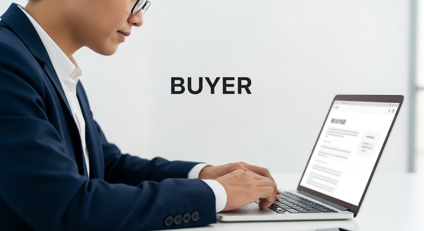 바이어가 공급사 웹사이트의 About Us 페이지를 스크롤하며 확인하는 장면