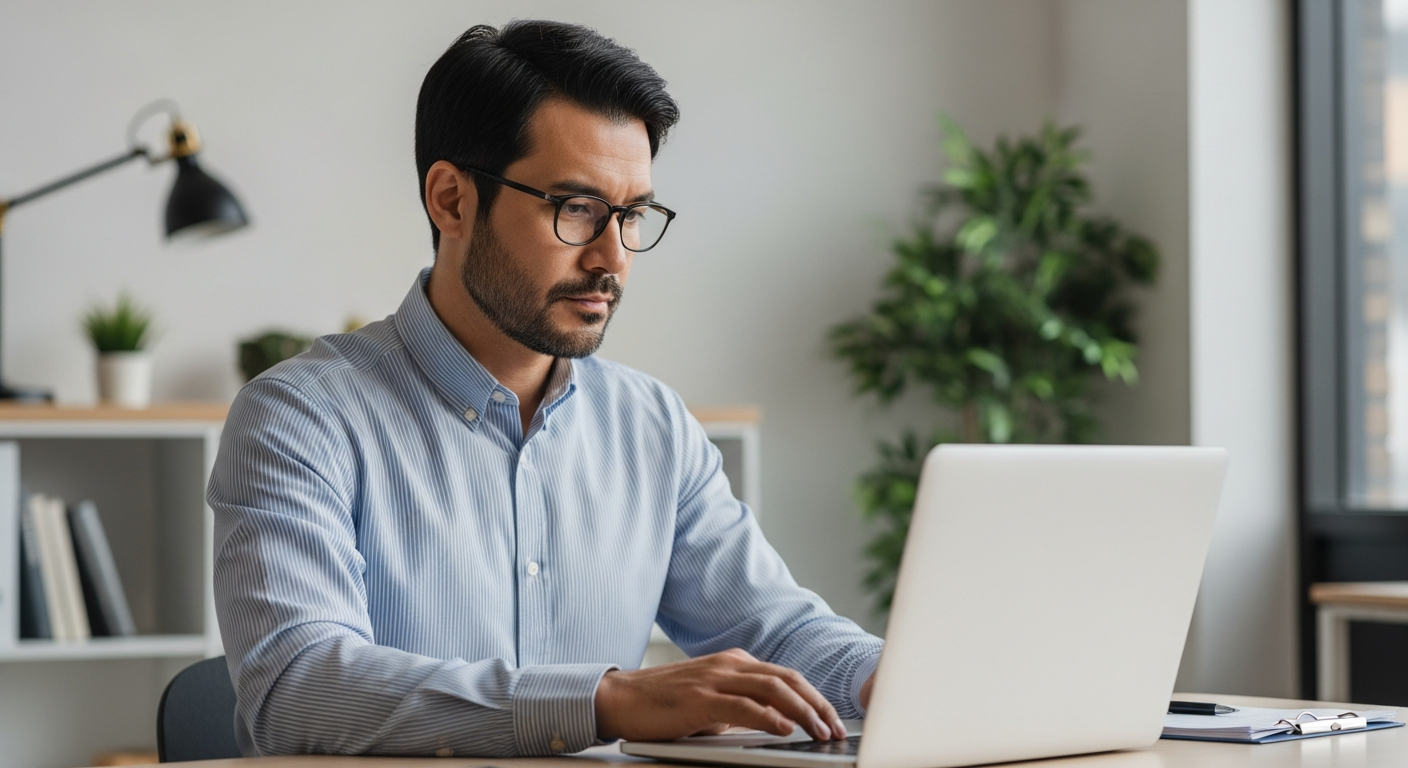 해외 바이어가 노트북 앞에서 공급사 웹사이트를 조용히 검색하는 장면