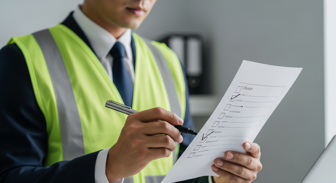 수출 담당자가 프린트된 체크리스트를 보며 항목을 하나씩 체크하는 장면