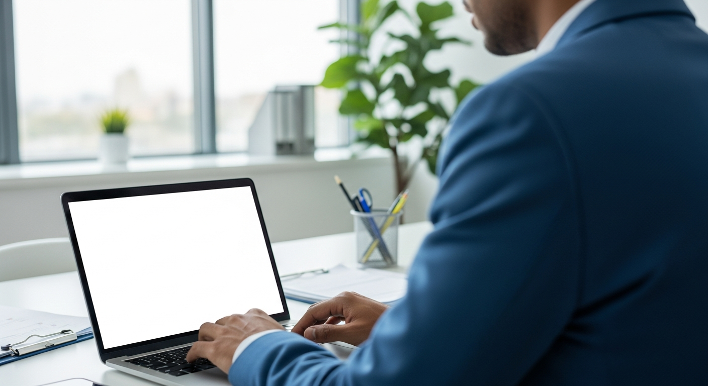 수출 담당자가 사무실에서 노트북으로 영문 이메일 서명을 정리하는 장면