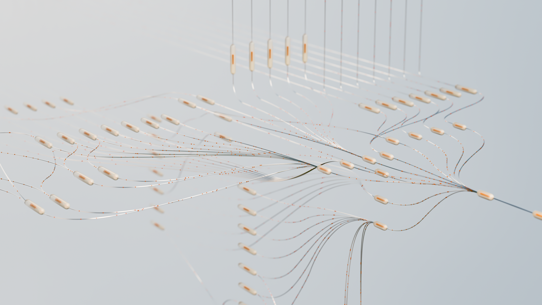 An abstract visualization of a neural network scanning a mix of multilingual texts and digital images, glowing connection nodes, tech style